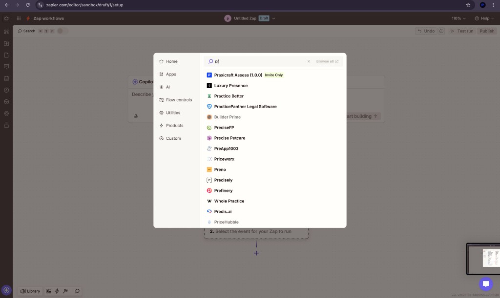 Zapier Apps search for pr with Praxicraft Assess at the top of the results