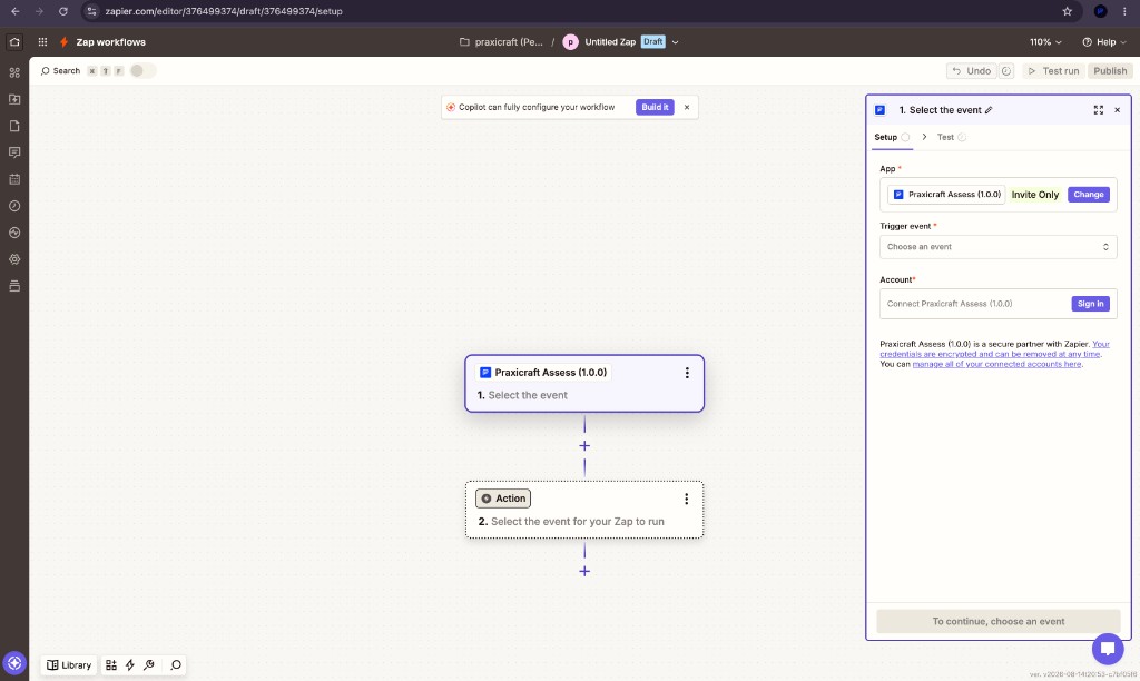 Zapier setup panel for Praxicraft Assess with Trigger event empty and a Sign In button