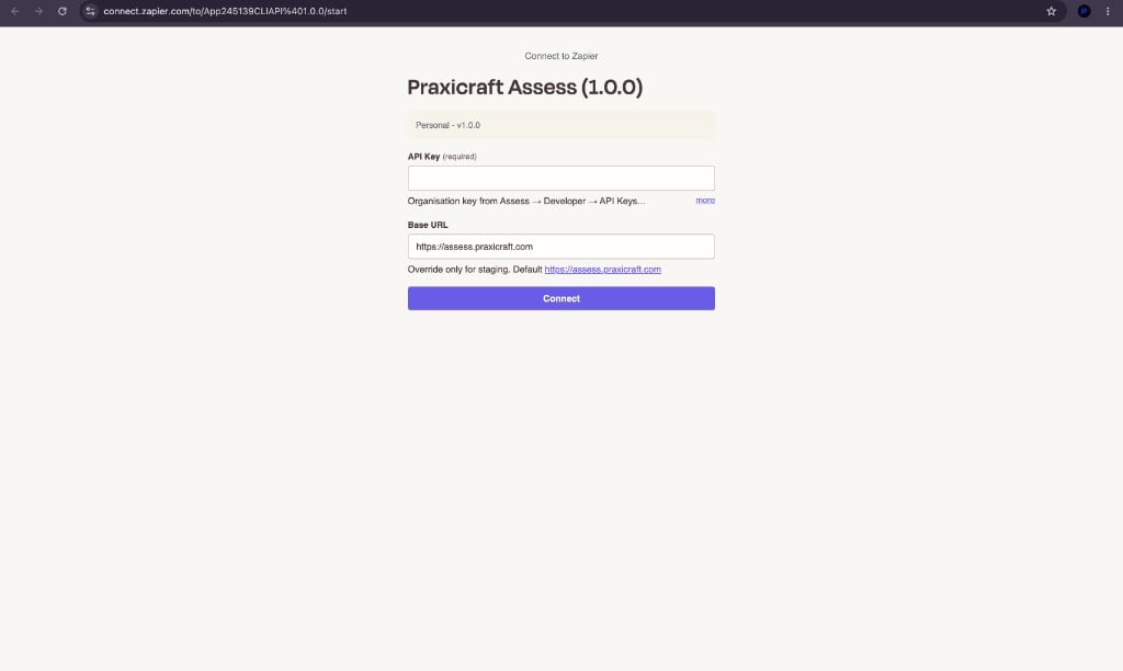 Zapier connect form for Praxicraft Assess with API Key and Base URL fields
