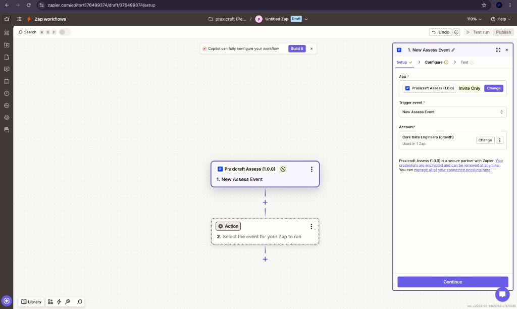 Zapier New Assess Event trigger with Praxicraft Assess account connected and Continue enabled