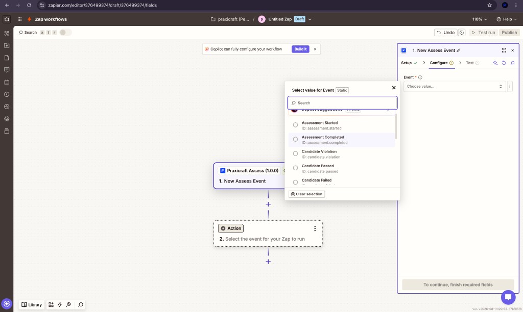 Zapier Configure tab listing assessment.started, assessment.completed, candidate.violation, candidate.passed, and candidate.failed