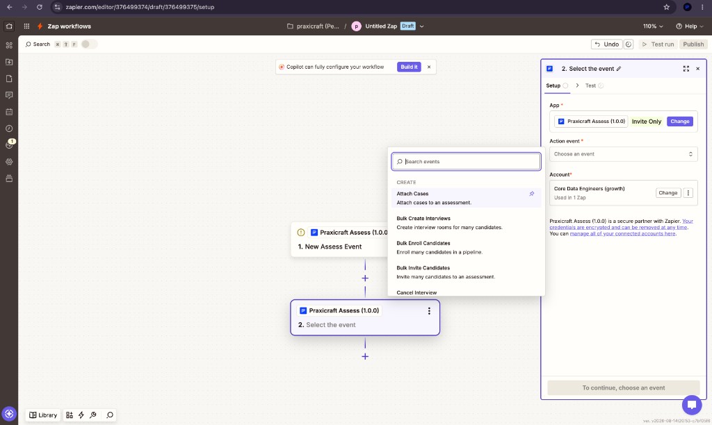 Zapier action event list for Praxicraft Assess including Attach Cases, Bulk Create Interviews, Bulk Enroll Candidates, and Bulk Invite Candidates