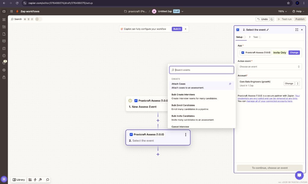 Zapier action event list for Praxicraft Assess including Attach Cases, Bulk Create Interviews, Bulk Enroll Candidates, and Bulk Invite Candidates