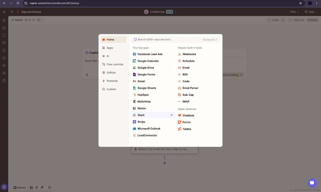 Zapier add-a-step modal with Slack highlighted under Your top apps