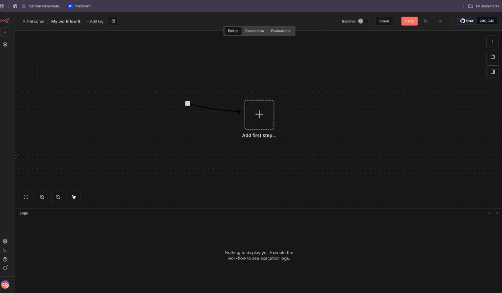 Empty n8n workflow canvas with Add first step button