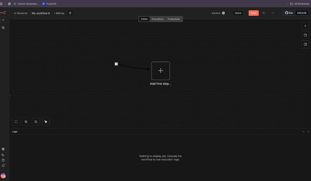 Empty n8n workflow canvas with Add first step button