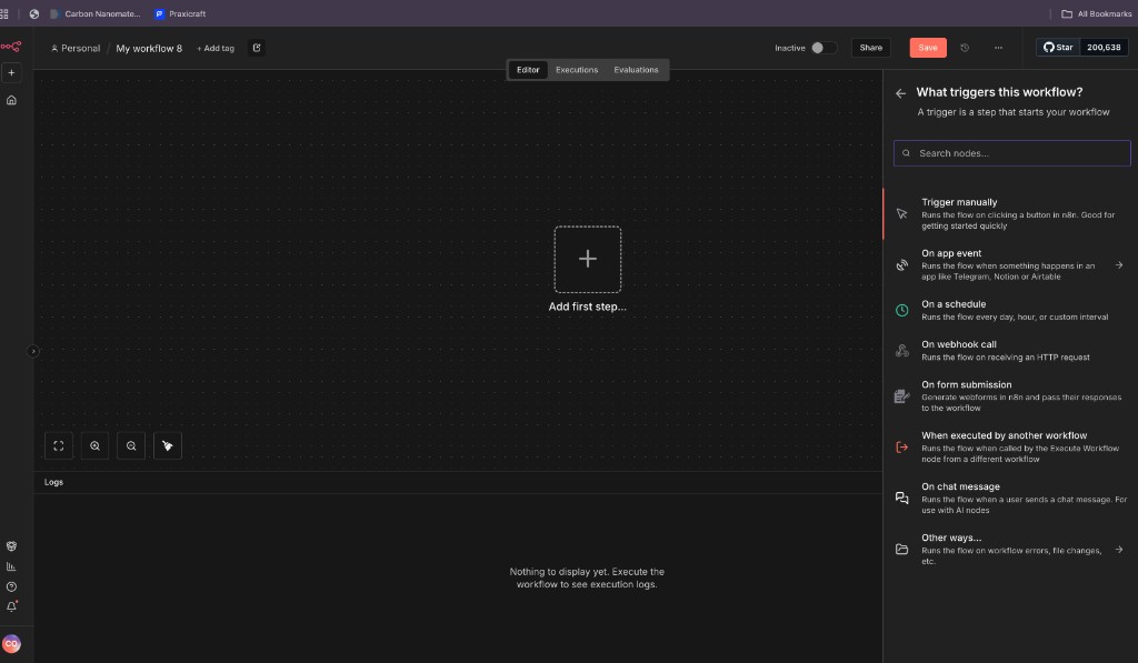 n8n sidebar asking what triggers this workflow