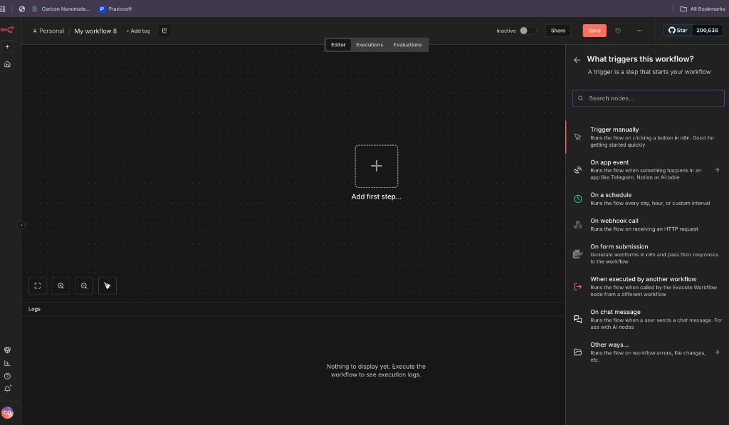 n8n sidebar asking what triggers this workflow