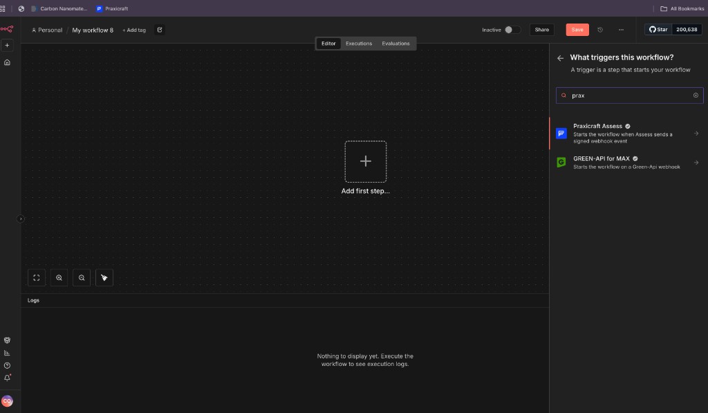 n8n search for prax showing Praxicraft Assess with verified badge