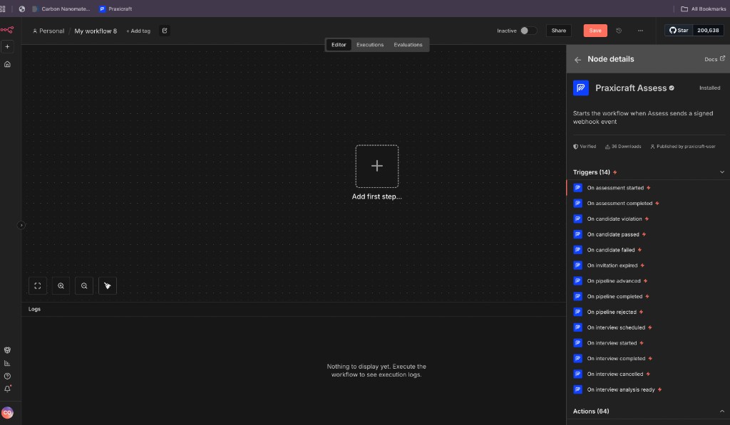 Praxicraft Assess node details showing verified badge and trigger list