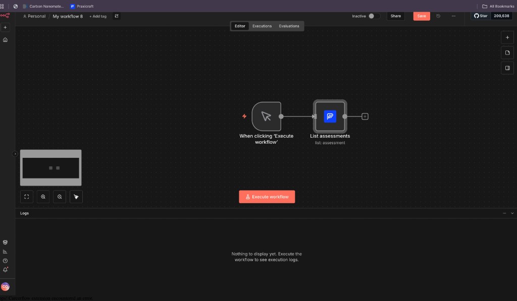 n8n workflow with manual trigger connected to Praxicraft List assessments action