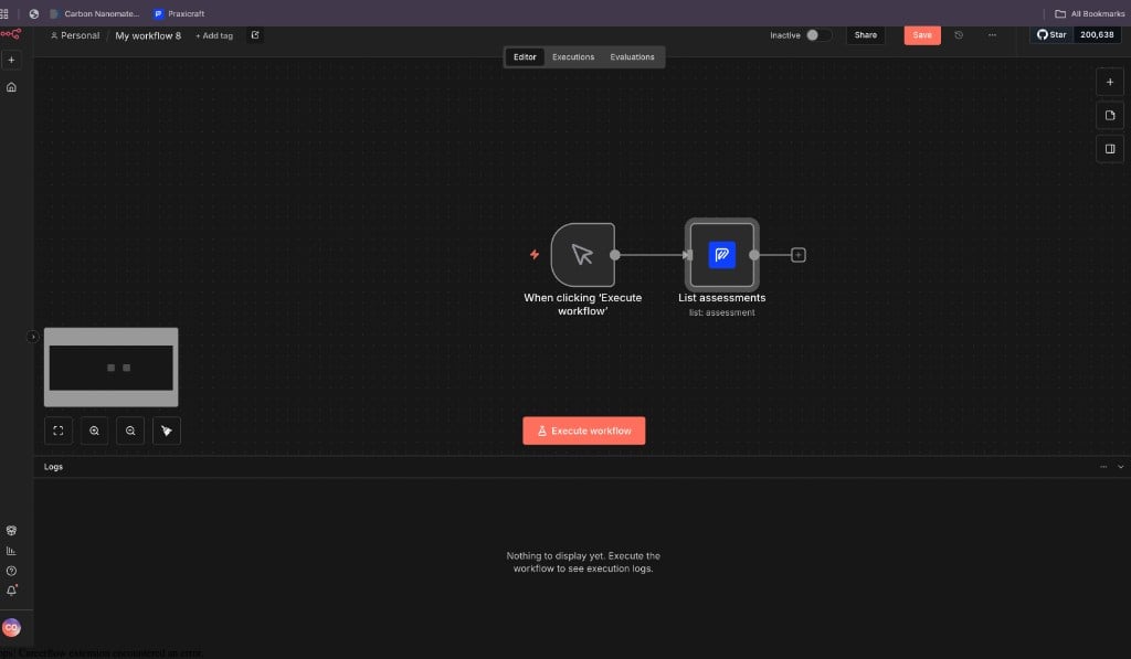 n8n workflow with manual trigger connected to Praxicraft List assessments action