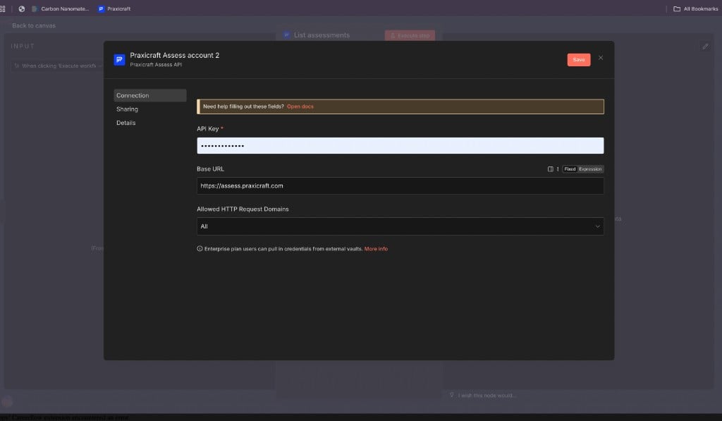 n8n List assessments node showing credential dropdown with Create new credential