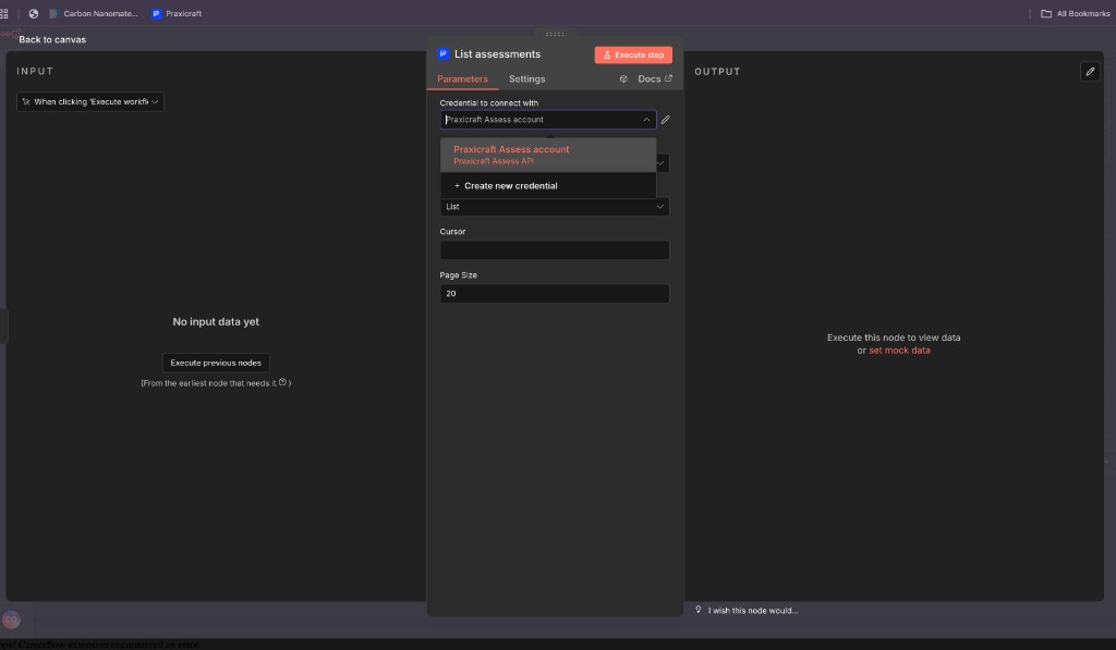 n8n credential form for Praxicraft Assess API with API Key and Base URL fields