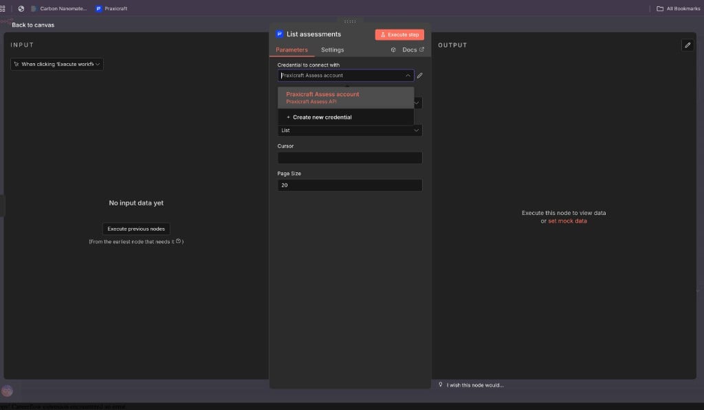 n8n credential form for Praxicraft Assess API with API Key and Base URL fields