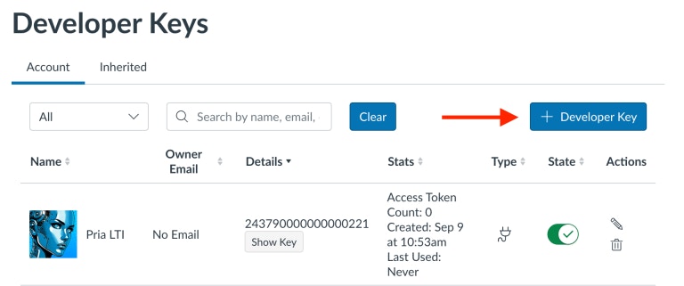Add Developer Key button