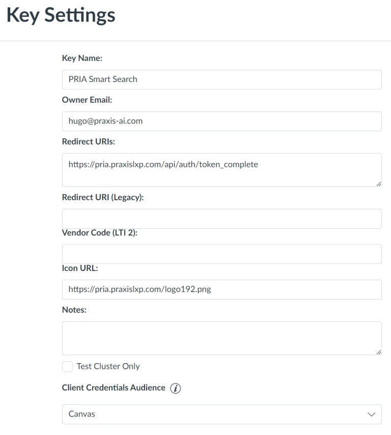 API Key settings form