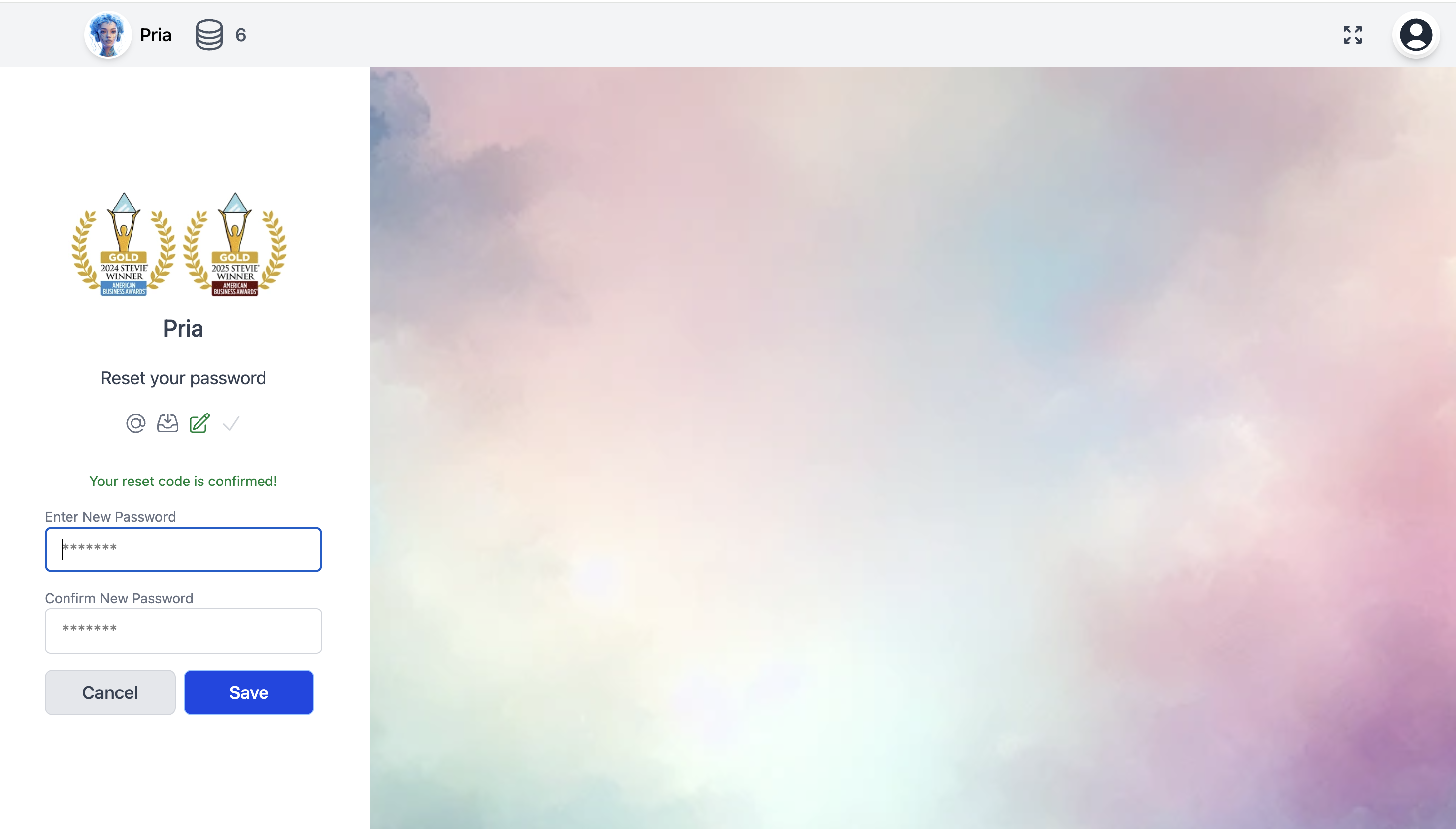 Create New Password Form New password creation form with confirmation field