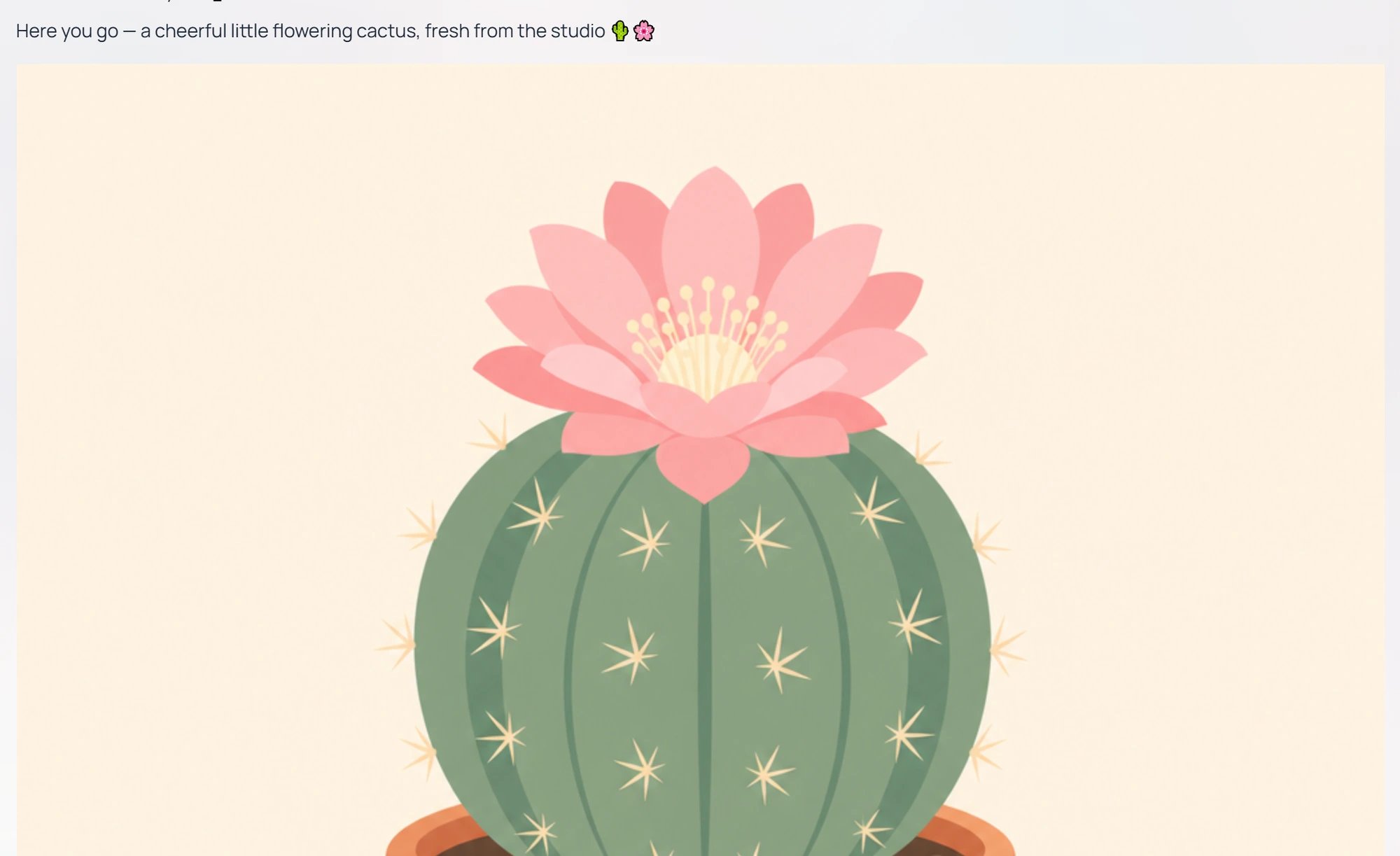 A Pria response showing a generated flat-colour illustration of a flowering cactus inline beneath the model's short caption.