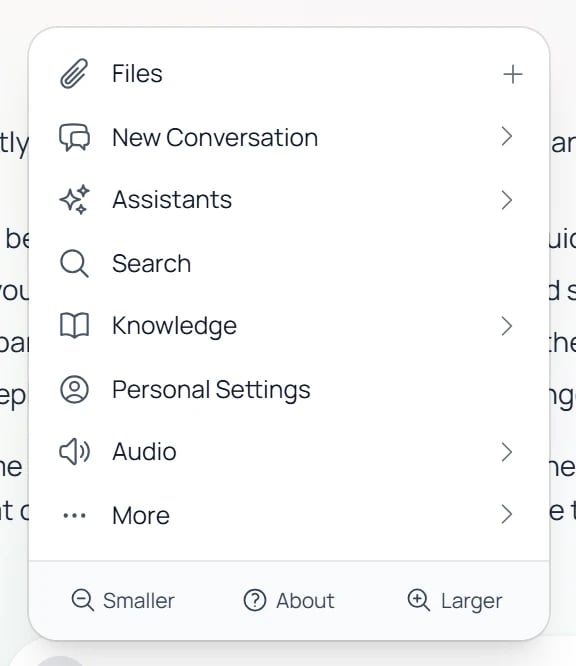 The Pria input action menu showing Files, New Conversation, Assistants, Search, Knowledge, Personal Settings, Audio, and More, with Smaller / About / Larger controls pinned in the footer.