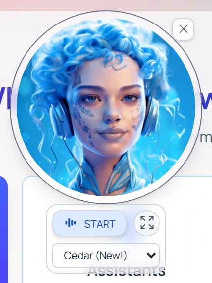 The Pria Convo mode widget — a circular animated avatar with a START button, a resize control, and a voice selector (e.g. Cedar), floating over the conversation.
