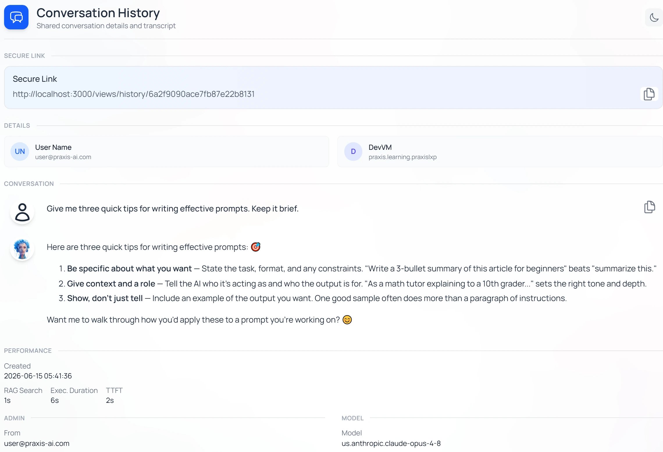 The Conversation History detail card: Secure Link, Details, the conversation transcript, a Performance section with Created, RAG Search, Exec. Duration and TTFT, and the model used with its credit cost.