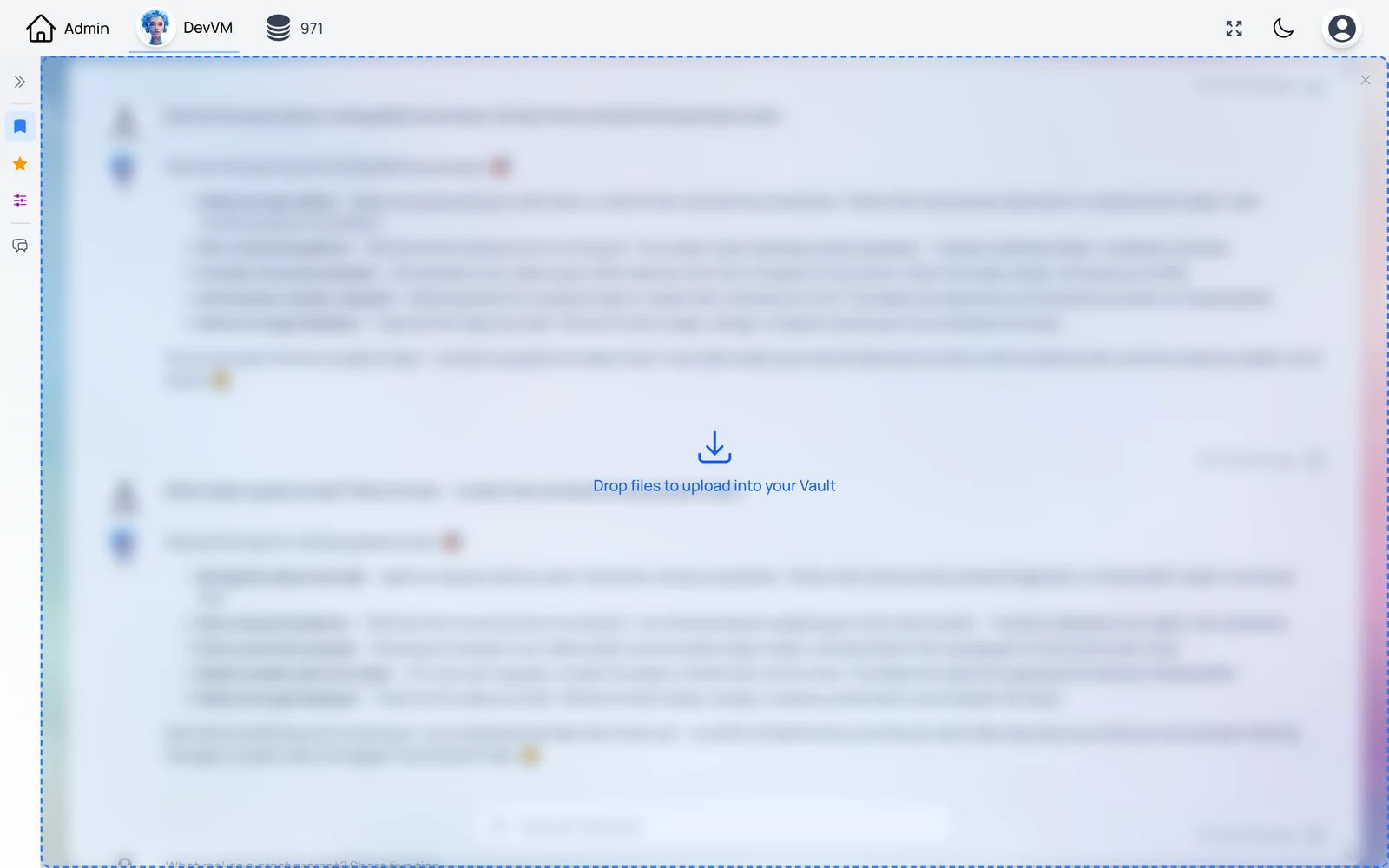 The Pria drag-and-drop overlay: a dashed blue border around the conversation with a download icon and the prompt 'Drop files to upload into your Vault'.