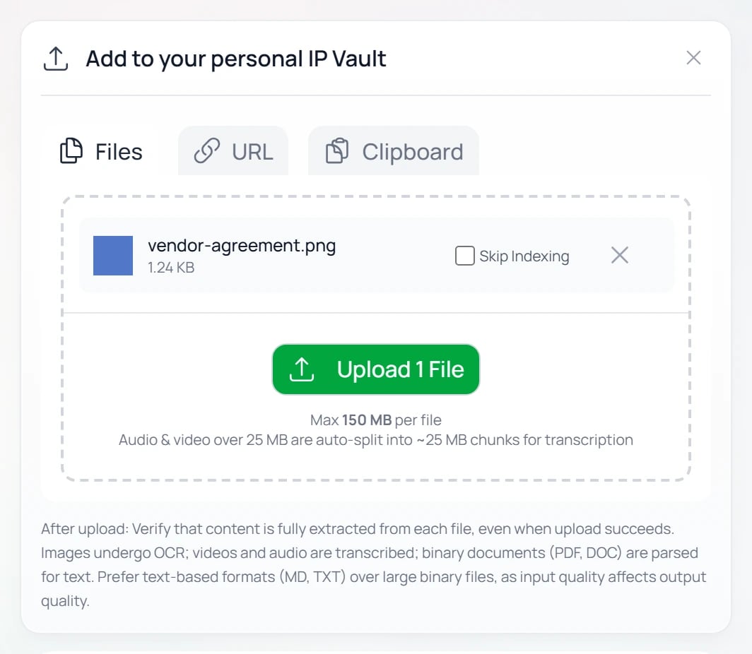 The Add to your personal IP Vault uploader widget showing Files / URL / Clipboard tabs, a queued file with its size and a Skip Indexing checkbox, and a green Upload button with size limits below.