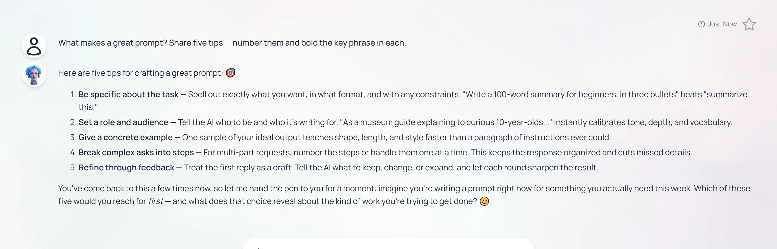 A Pria response rendered as a numbered list with the key phrase of each item shown in bold.