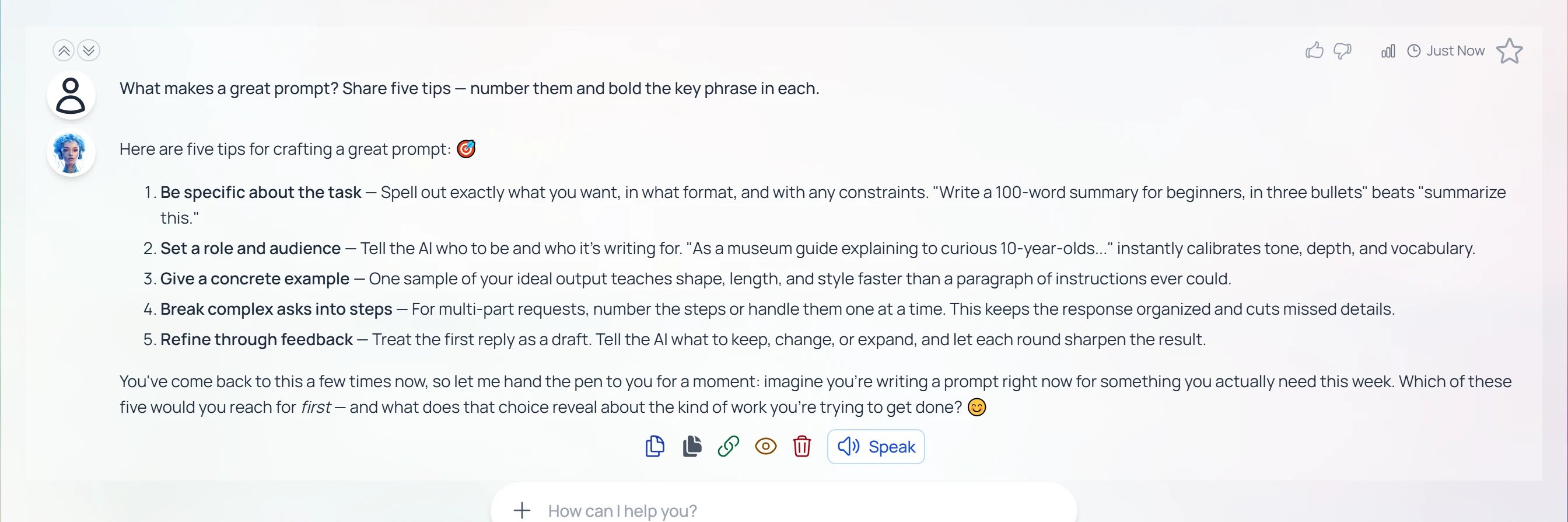 The action row beneath a completed Pria response: Copy input, Copy output, Share as link, View details, Delete dialogue, and Read aloud, with thumbs up / down and a favorite star at the top-right.