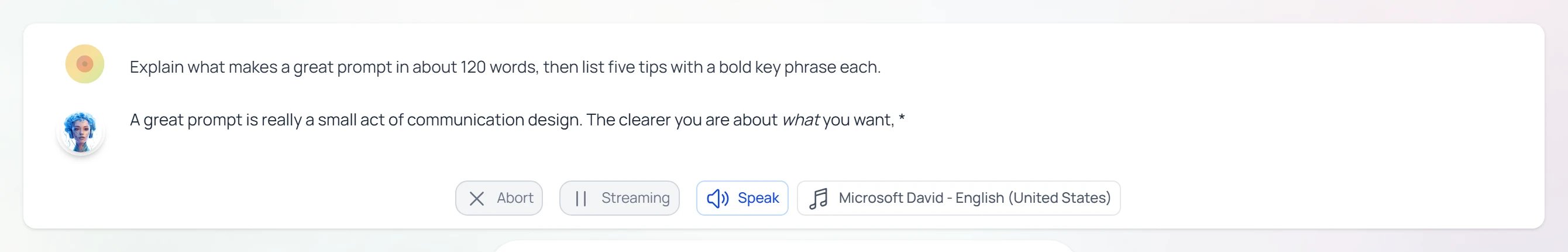 A response streaming in token-by-token, with Stop/Abort, Streaming, and Speak controls and the selected text-to-speech voice shown beneath the answer.