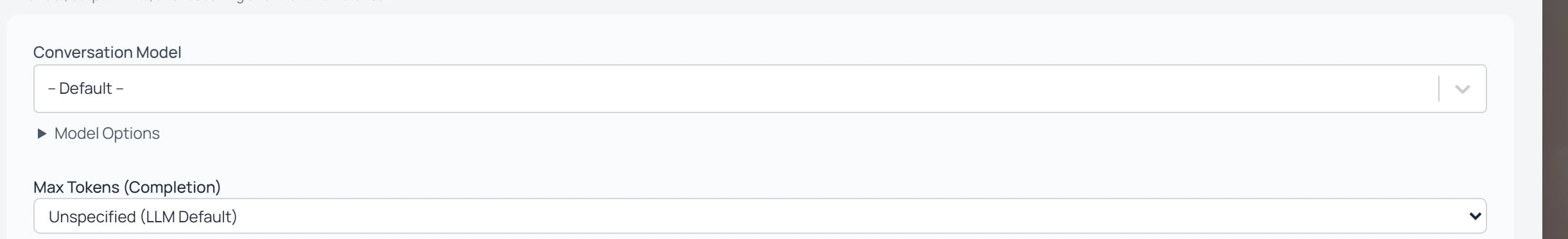 The Instance Settings Conversation tab showing a Conversation Model dropdown set to “-- Default --”, a Model Options expander, and a Max Tokens (Completion) field.