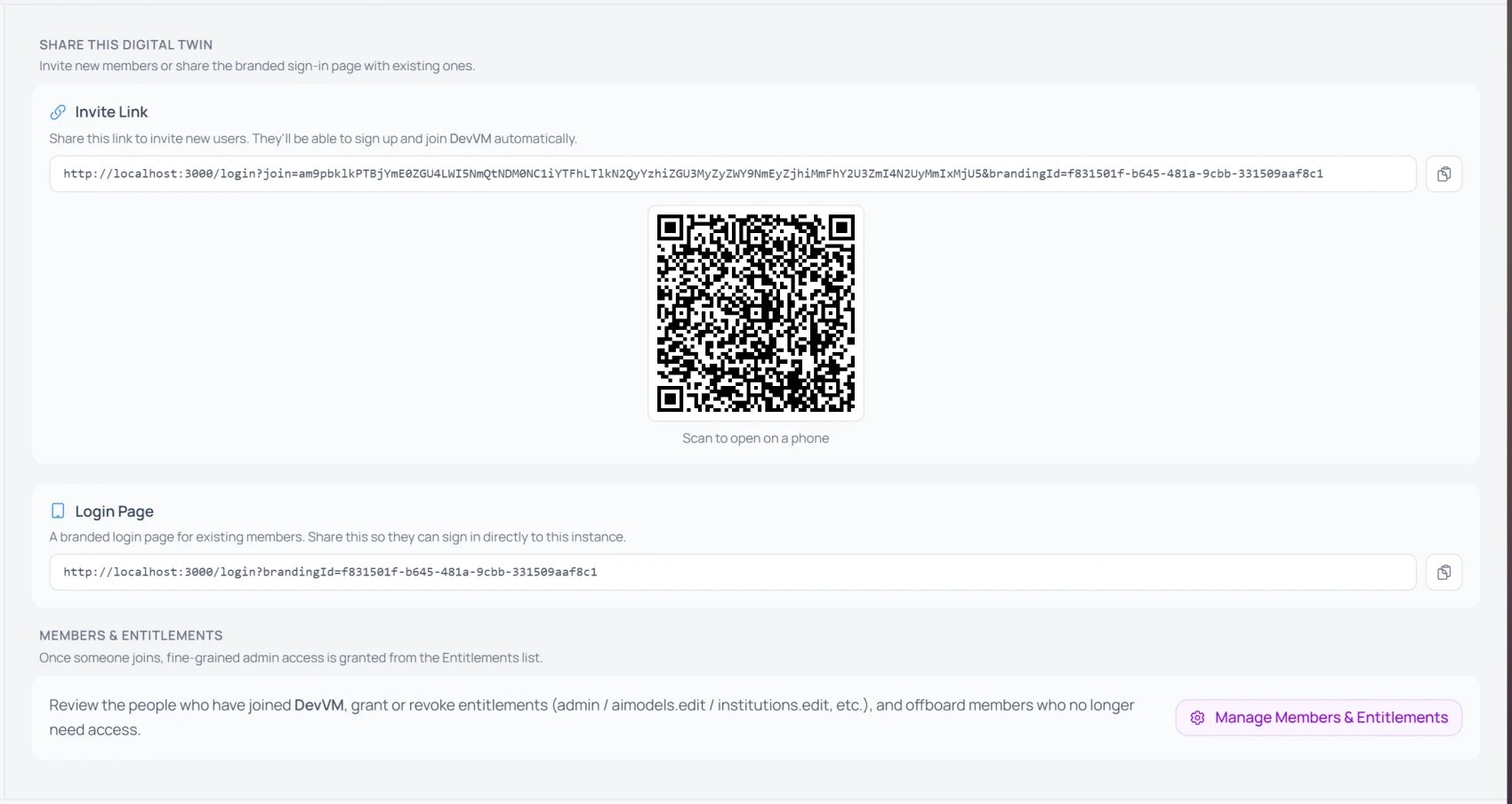The Instance Settings Invite tab showing an Invite Link with a QR code labelled “Scan to open on a phone”, a branded Login Page link, and a Manage Members & Entitlements button.