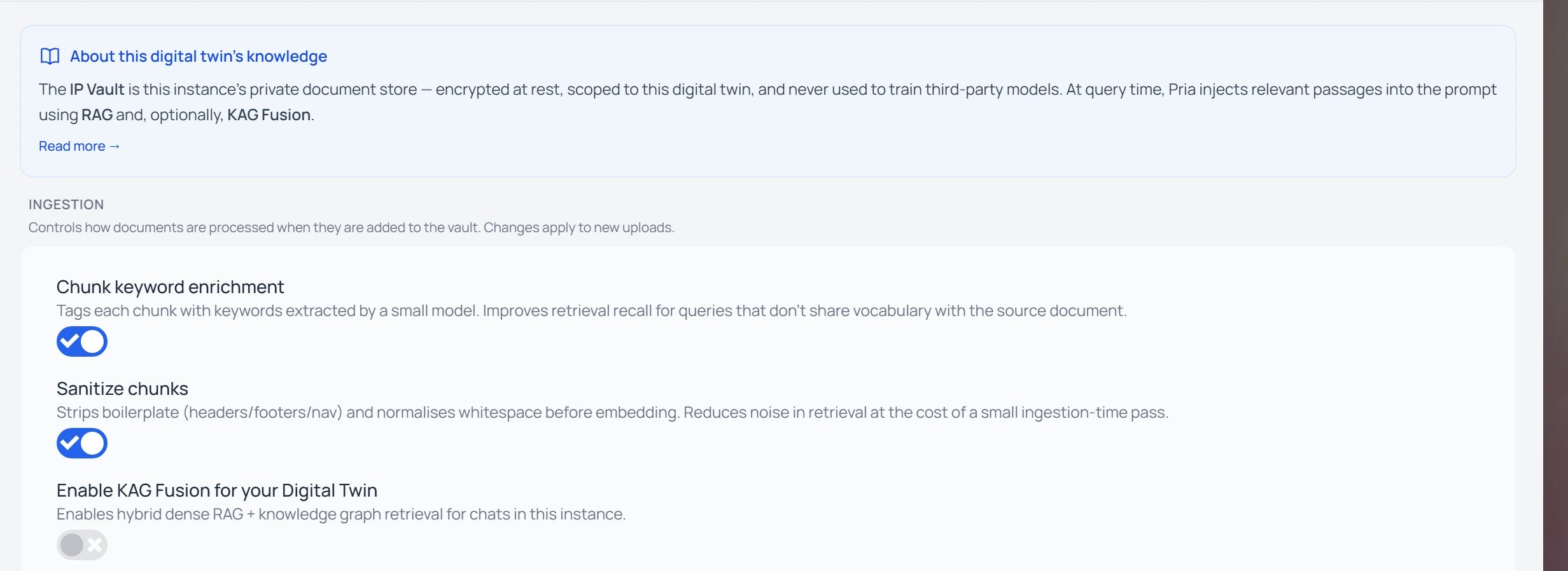 The Instance Settings Knowledge tab describing the IP Vault and showing ingestion toggles — Chunk keyword enrichment, Sanitize chunks — and an Enable KAG Fusion for your Digital Twin toggle.
