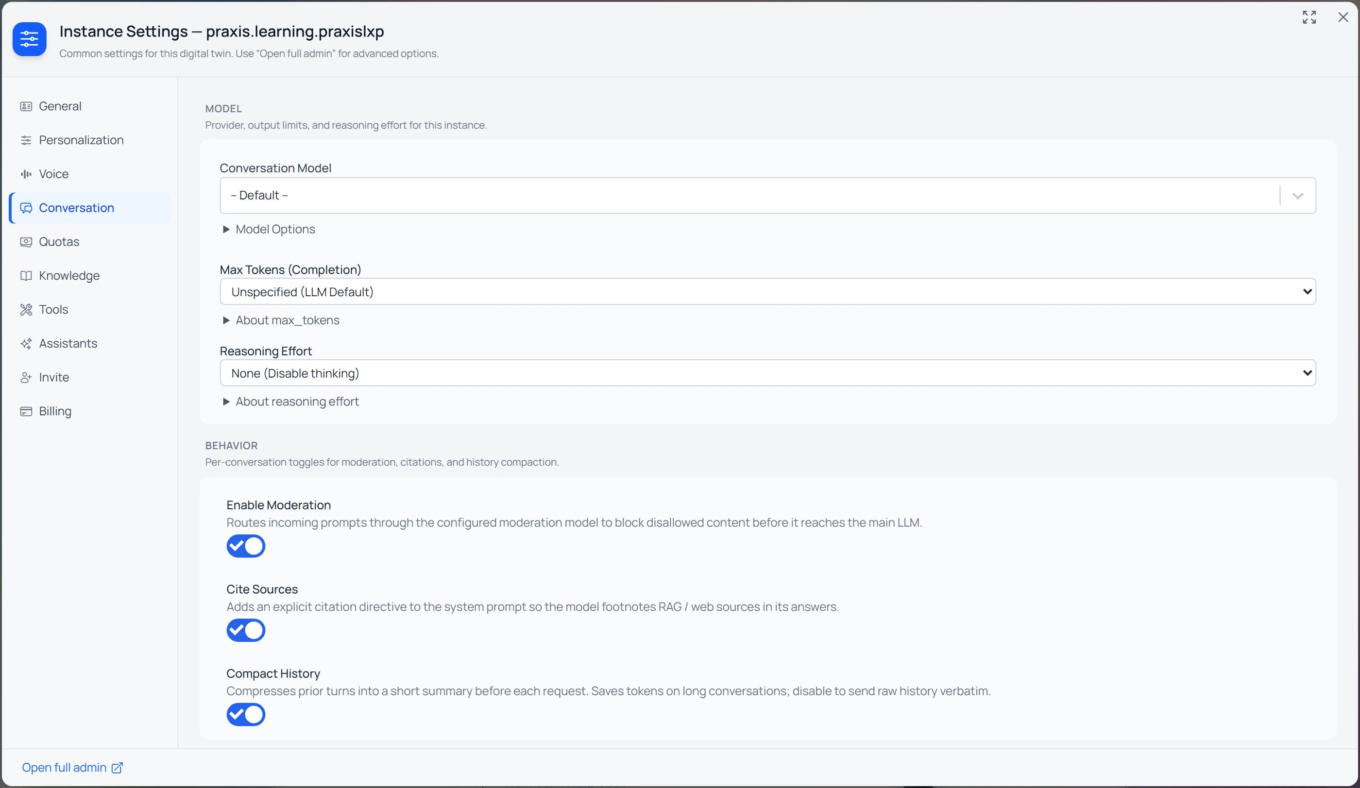 The Instance Settings lightbox on the Conversation tab, showing Conversation Model, Max Tokens, and a Reasoning Effort dropdown set to None (Disable thinking), above moderation and history toggles.