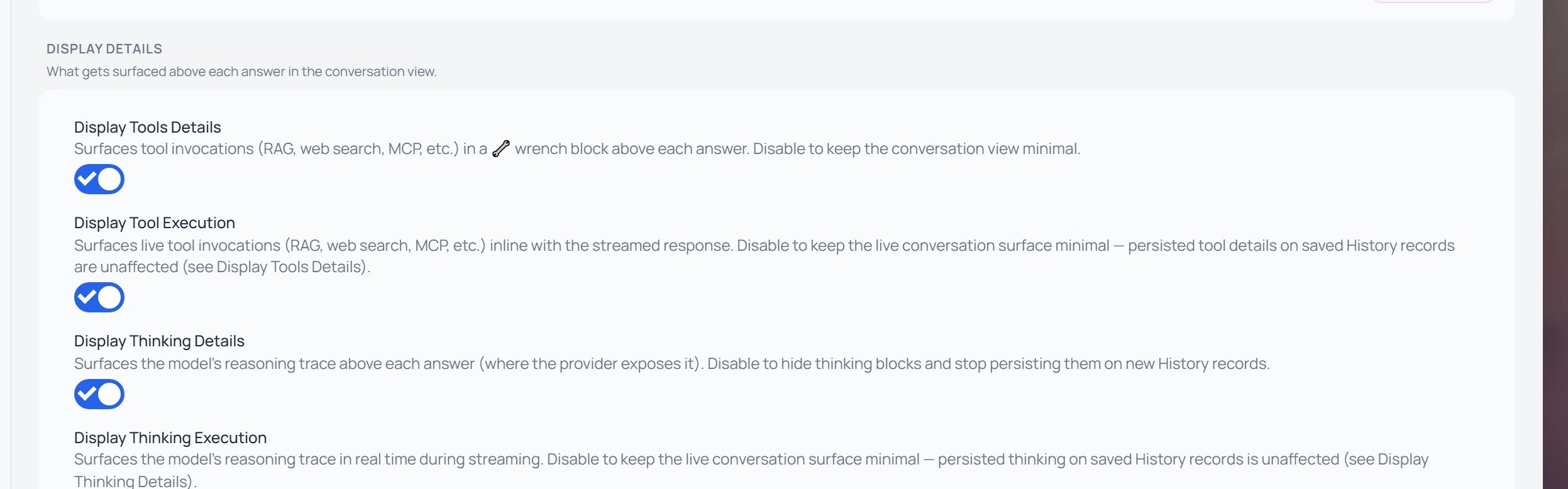 The Display Details section of Instance Settings showing Display Tools Details, Display Tool Execution, Display Thinking Details, and Display Thinking Execution toggles, each enabled.