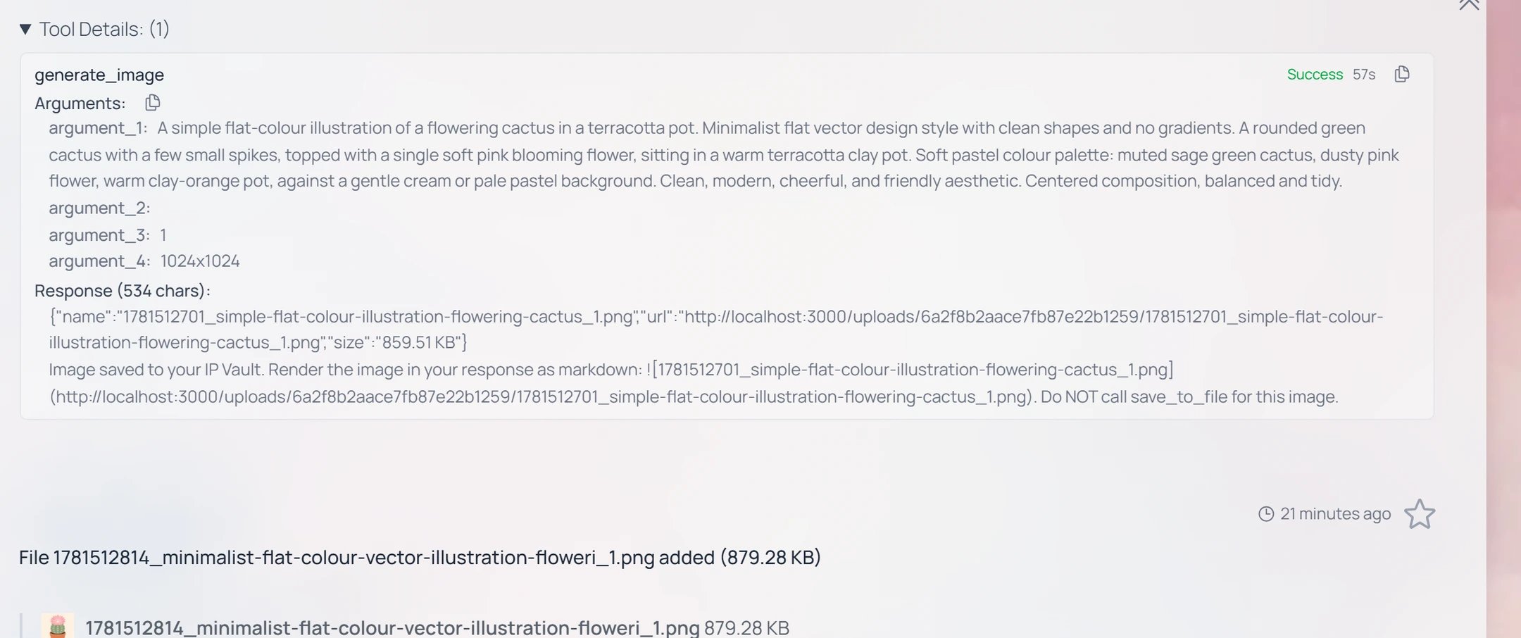 An expanded Tool Details panel for a generate_image call showing a Success status, a 57-second duration, the arguments passed, and the returned response.