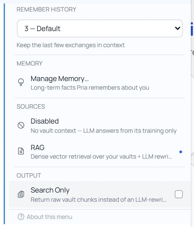 The Knowledge submenu showing a Remember History dropdown, a Manage Memory link, Sources options Disabled and RAG, and a Search Only output toggle.