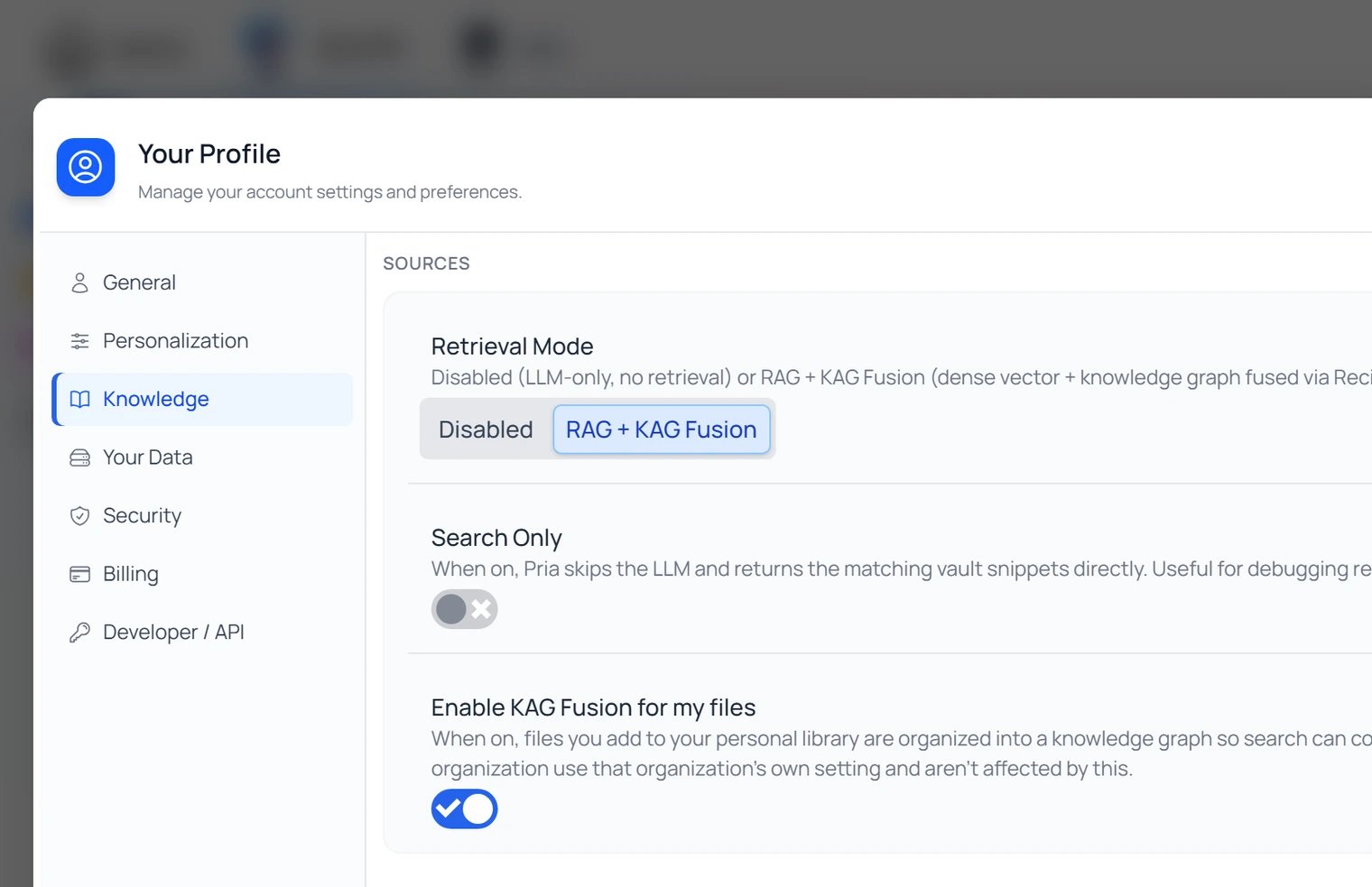 The Your Profile Knowledge tab showing Retrieval Mode (Disabled / RAG + KAG Fusion), a Search Only toggle, and an Enable KAG Fusion for my files toggle.