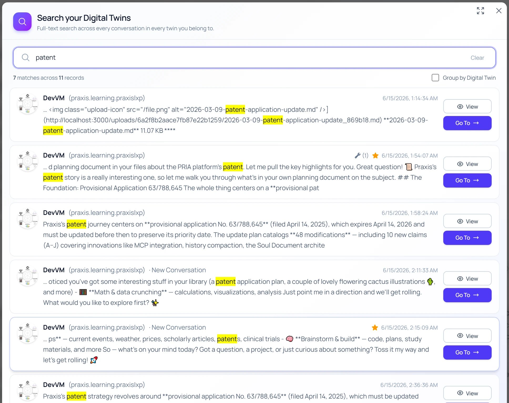 The Search your Digital Twins lightbox showing 7 matches across 11 records for “patent”, each result labelled with its Digital Twin, the keyword highlighted, a Go To button, and a Group by Digital Twin checkbox.