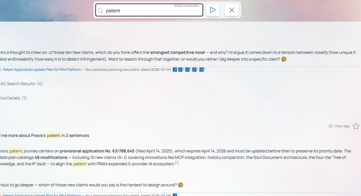 The in-conversation search bar with “patent” typed, and the word patent highlighted in yellow across several dialogues in the conversation, with a favorite star on a response.