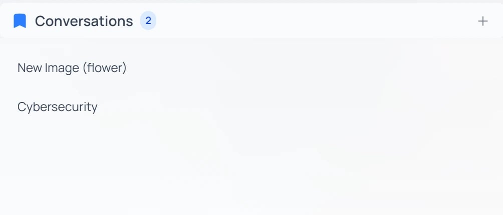 The sidebar Conversations section headed “Conversations 2”, with a + button and two conversation rows: “New Image (flower)” and “Cybersecurity”.