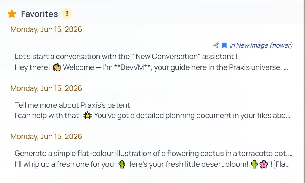 The sidebar Favorites section headed “Favorites 3”, showing starred responses grouped by date, each labelled with its source conversation and a snippet.