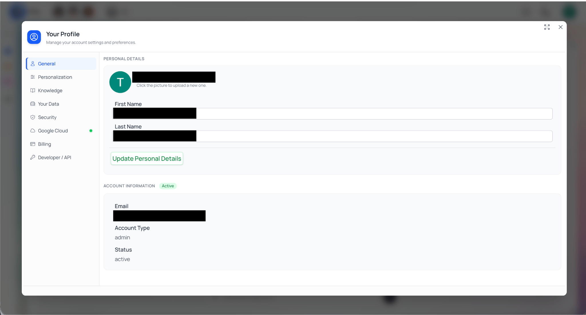 Profile settings screen