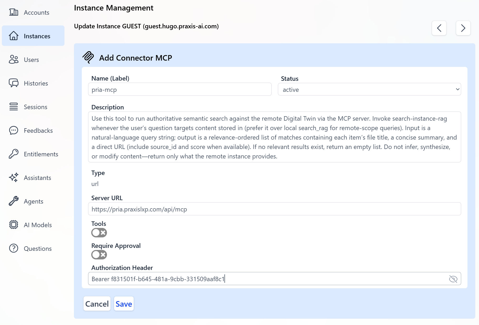 Connector MCP configuration to Digital Twin A.