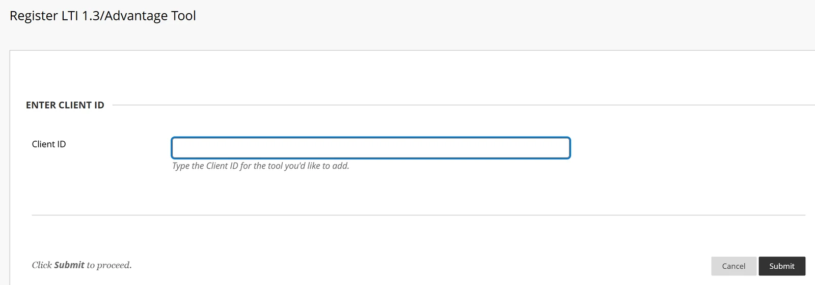 Register LTI 1.3/Advantage Tool page with an empty Client ID field and Submit button