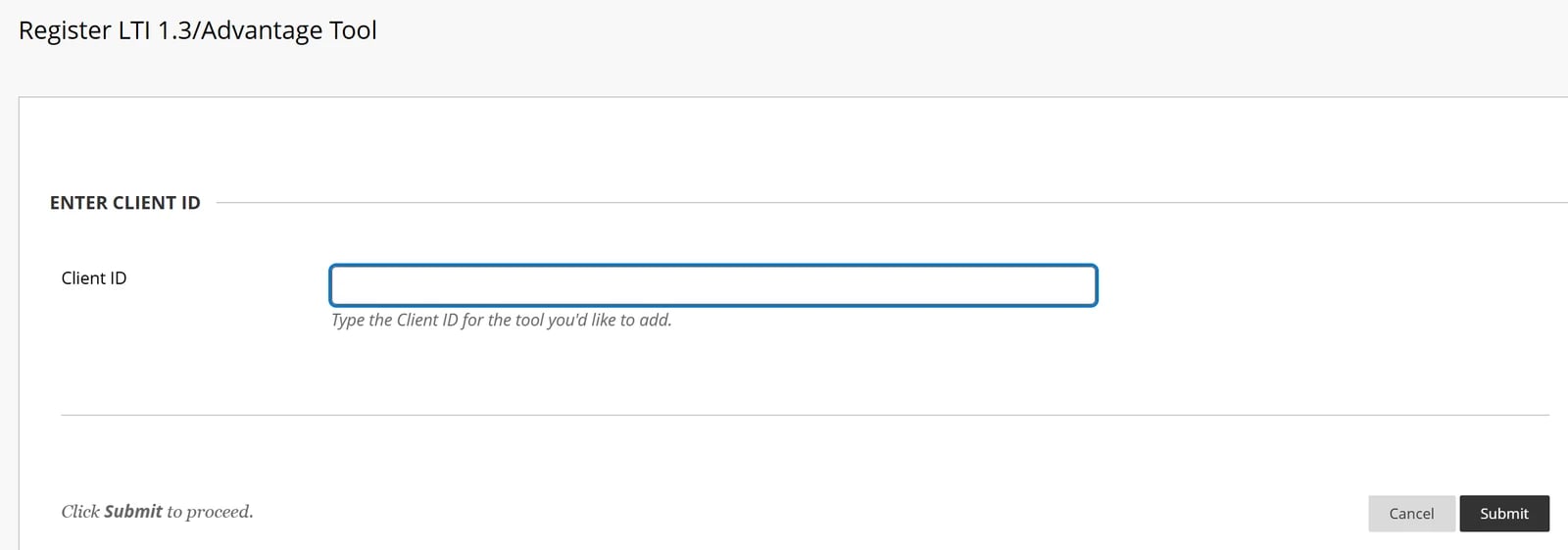 Register LTI 1.3/Advantage Tool page with an empty Client ID field and Submit button