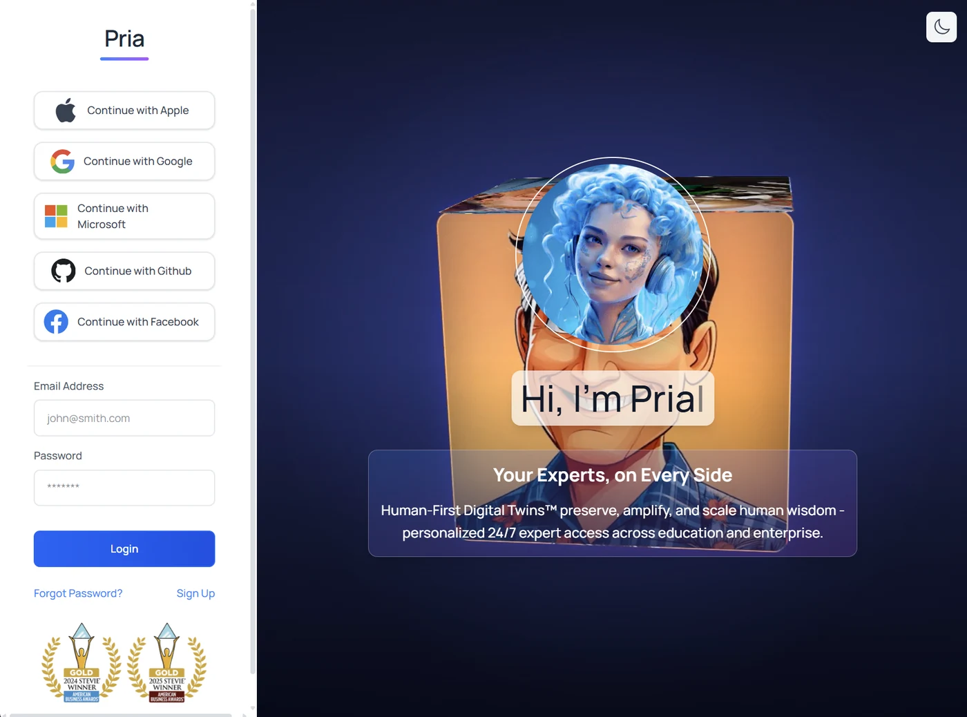The Pria sign-in screen with Continue with Apple, Google, Microsoft, Github and Facebook buttons above the email and password fields