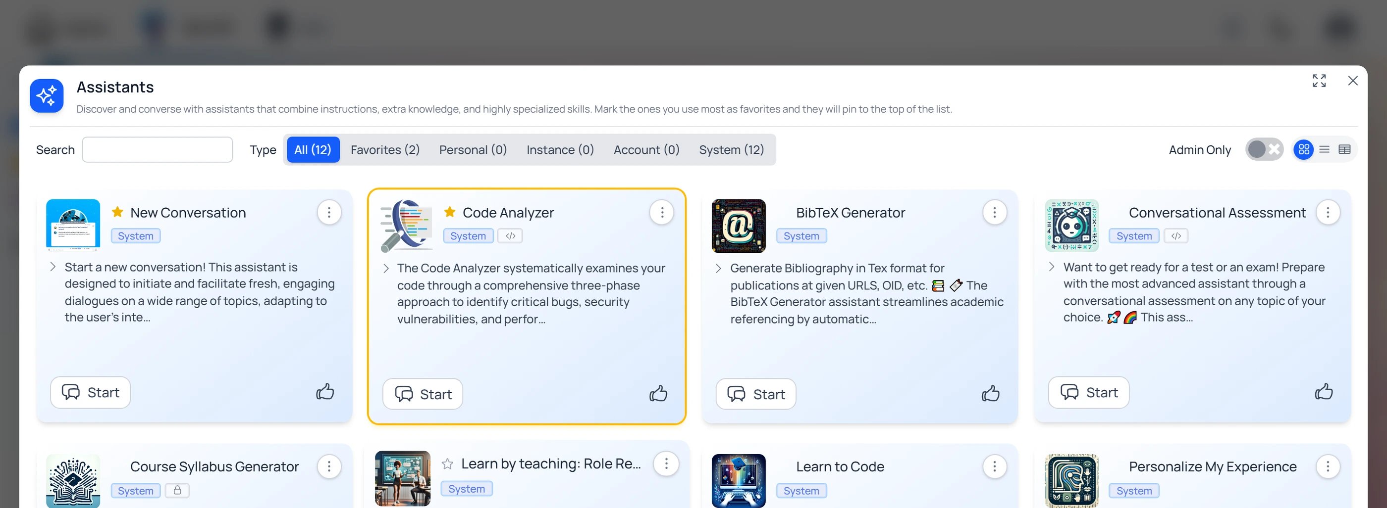 The Assistants library showing assistant cards (New Conversation, Code Analyzer, BibTeX Generator, Conversational Assessment…) with a favorite star on each; Code Analyzer is favorited, and the Favorites tab count has risen to 2.