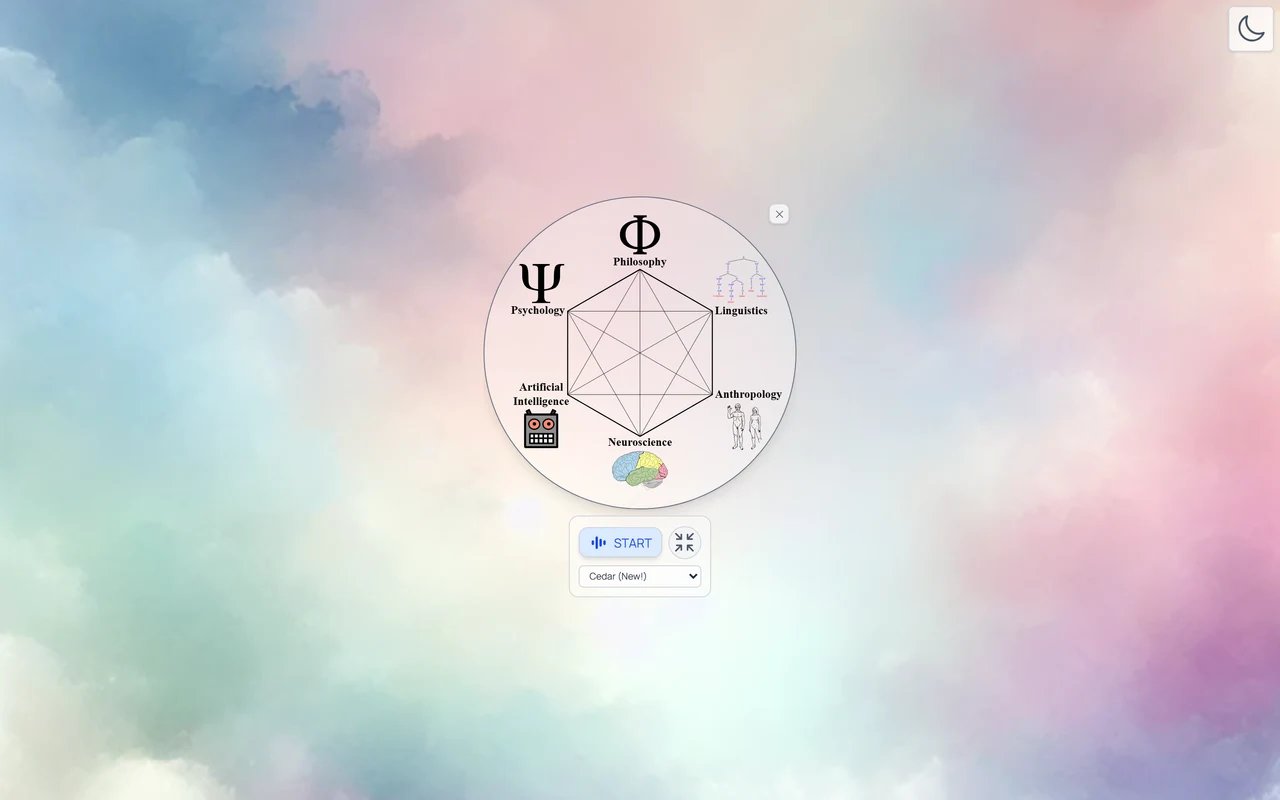 Convo Mode in expanded mode — the avatar orb centred on a full-screen background with START, the display-mode toggle, and the voice selector.